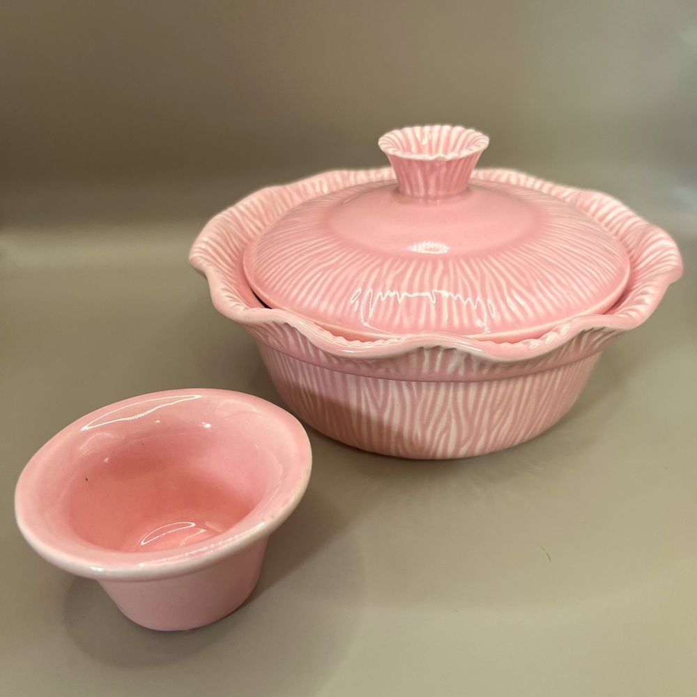 Vintage 1956 Miramar California Pink Pottery Covered Dish w/ Votive Holder